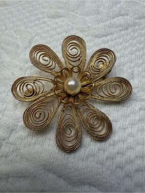 Gold-Tone Filigree Flower Brooch with Pearl Accent